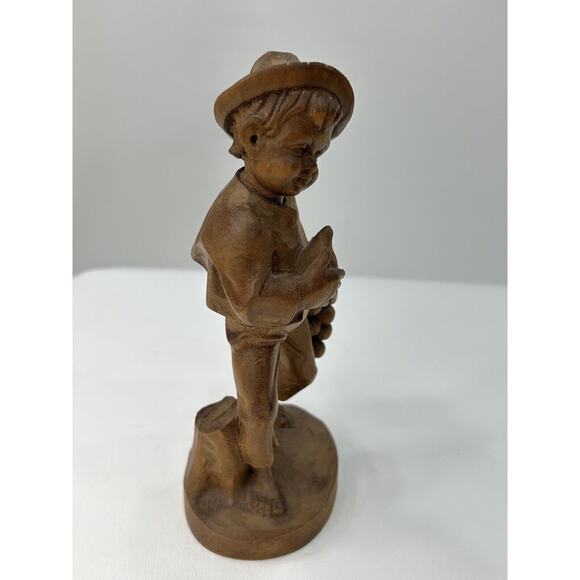 Vintage 1960’s Brown Wood Hand Carved German Oberammergau Boy Holding Grapes - Picture 5 of 9